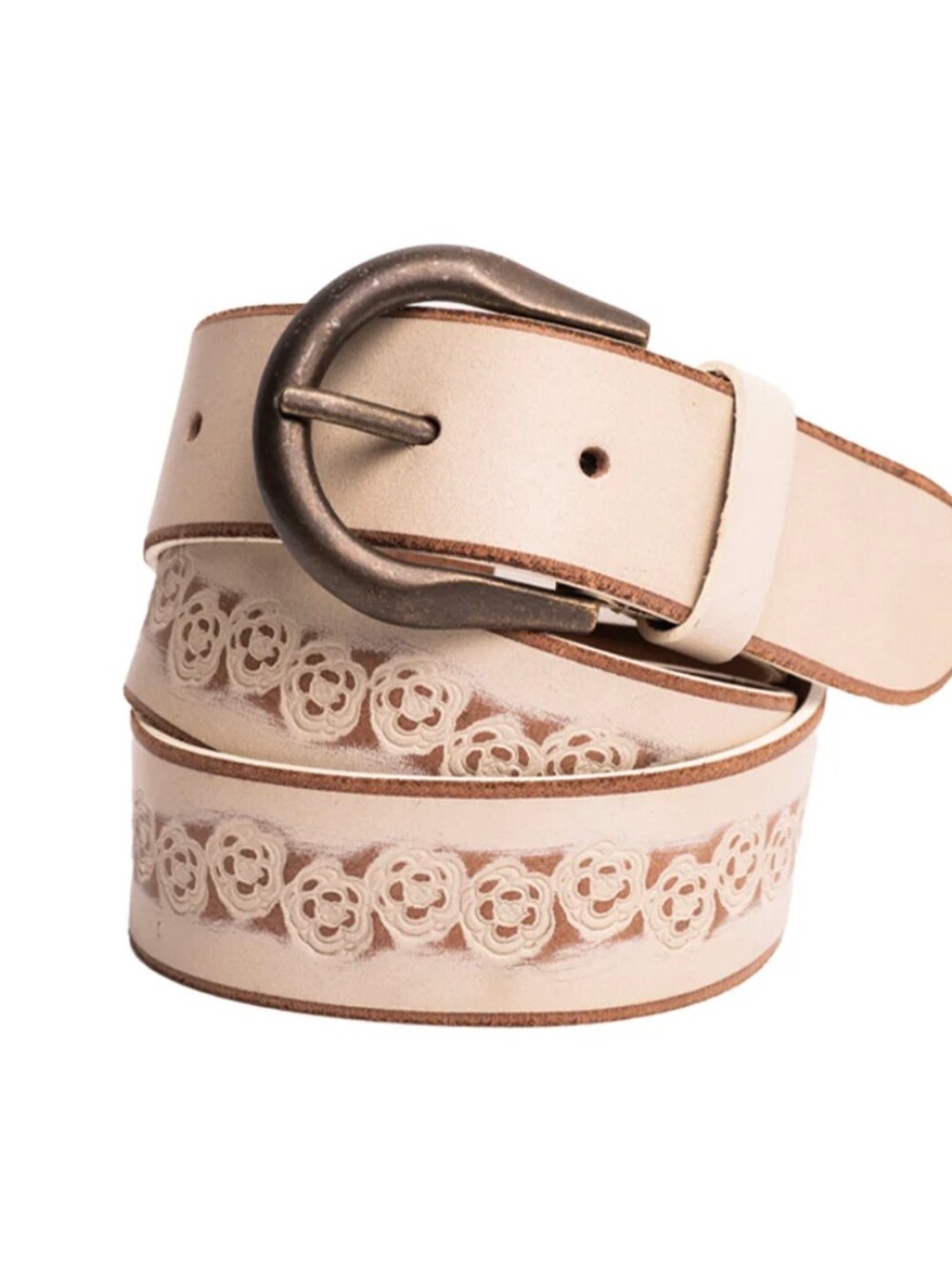 🌼SilverJeans Women Ecru Stamped Floral LeatherBelt Bronze Buckle Flowers Boho